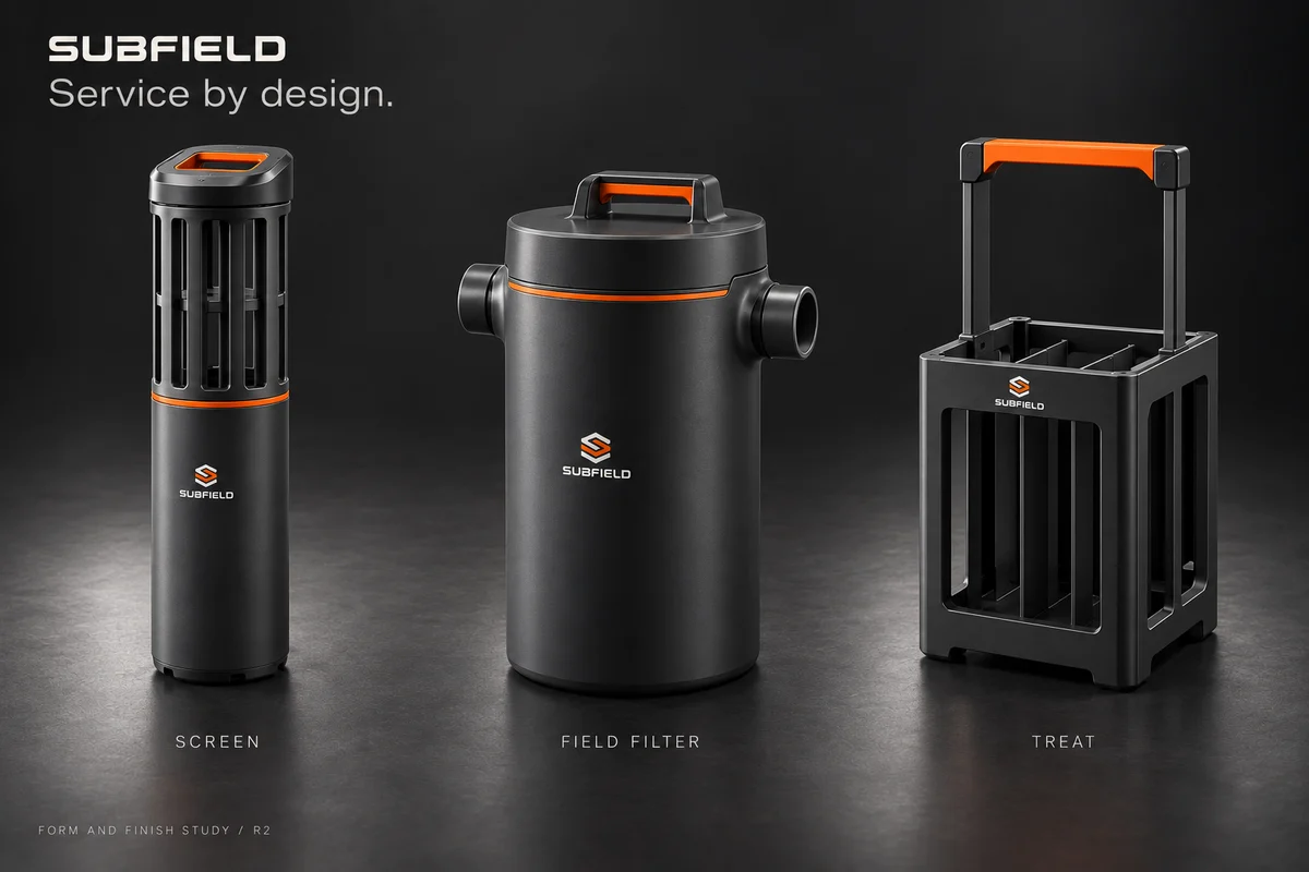 Filtration & treatment in graphite and Subfield orange; proposed form and finish